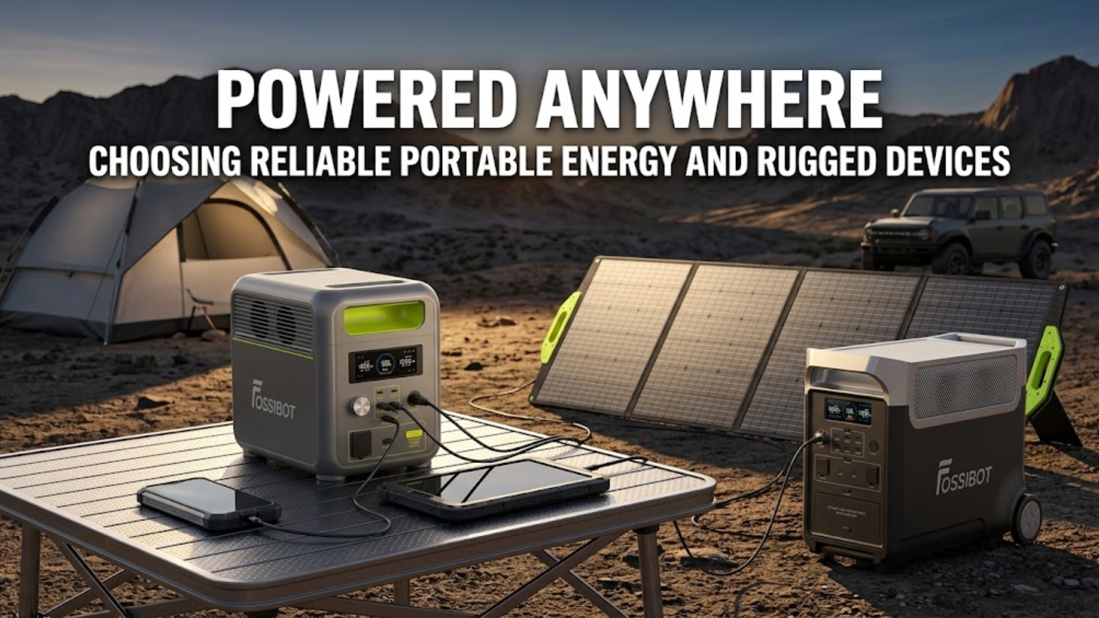 Fossibot portable power station and rugged smartphones for reliable power during travel and outdoor activities.